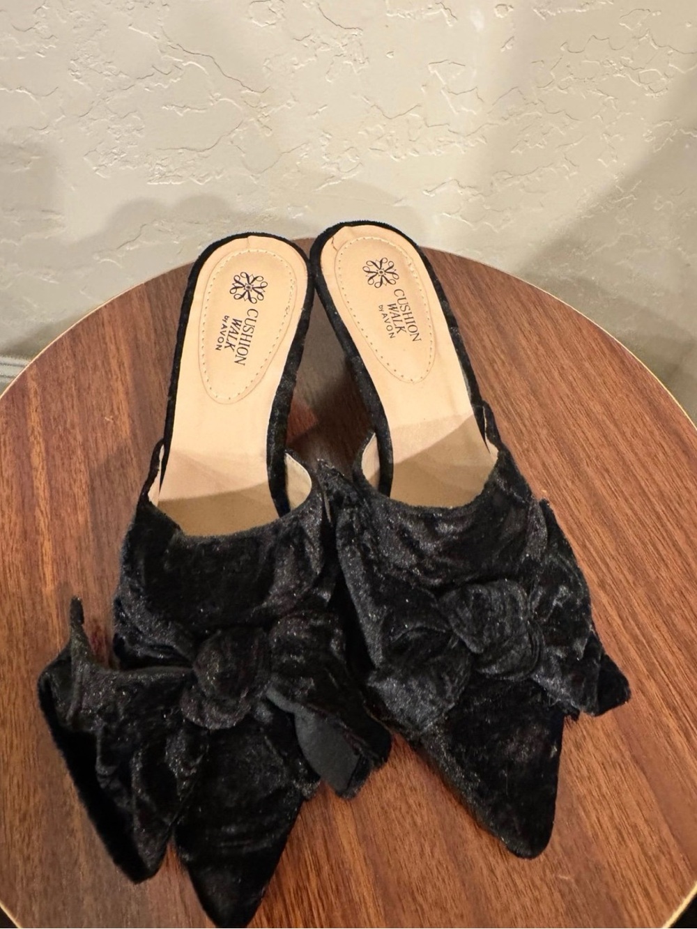 Avon Black Velvet Pointed-Toe Slide Mules with Rosette